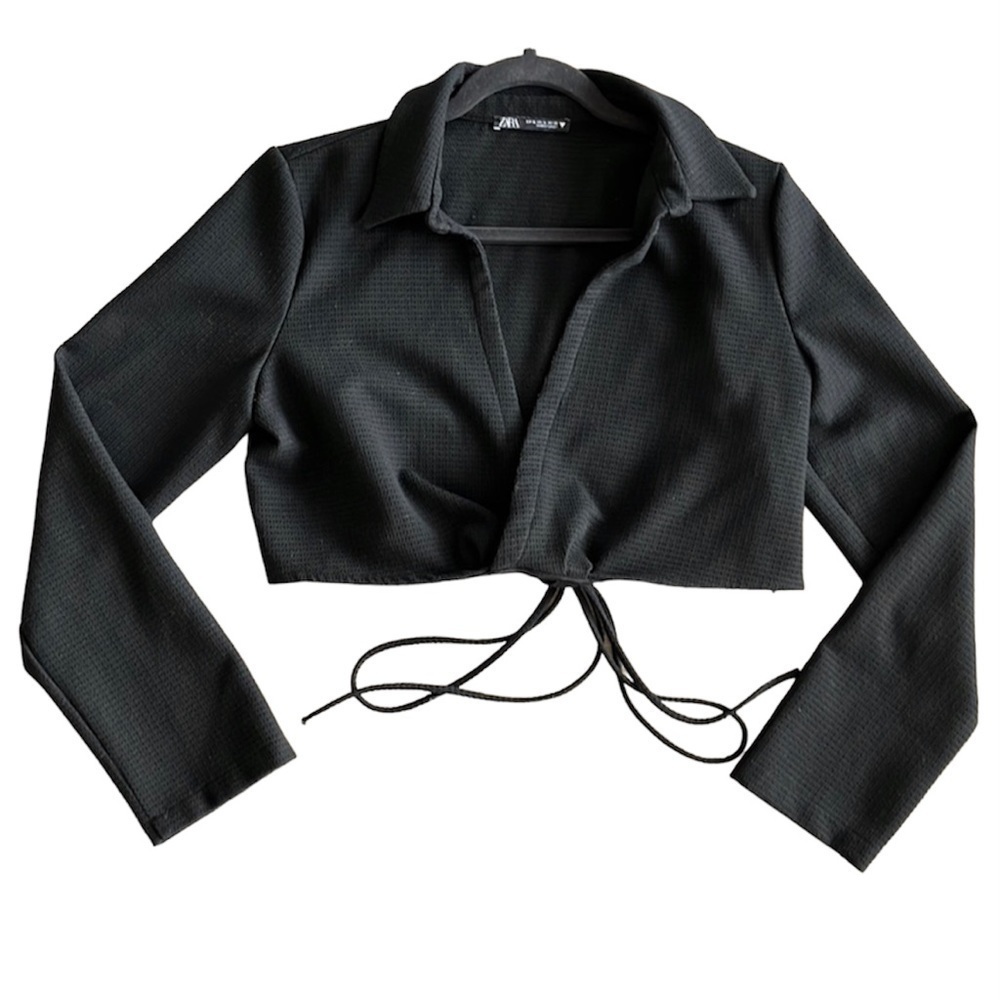 ZARA Black Crop Top Long Sleeve Collared Faux Wrap Textured with Tie XL